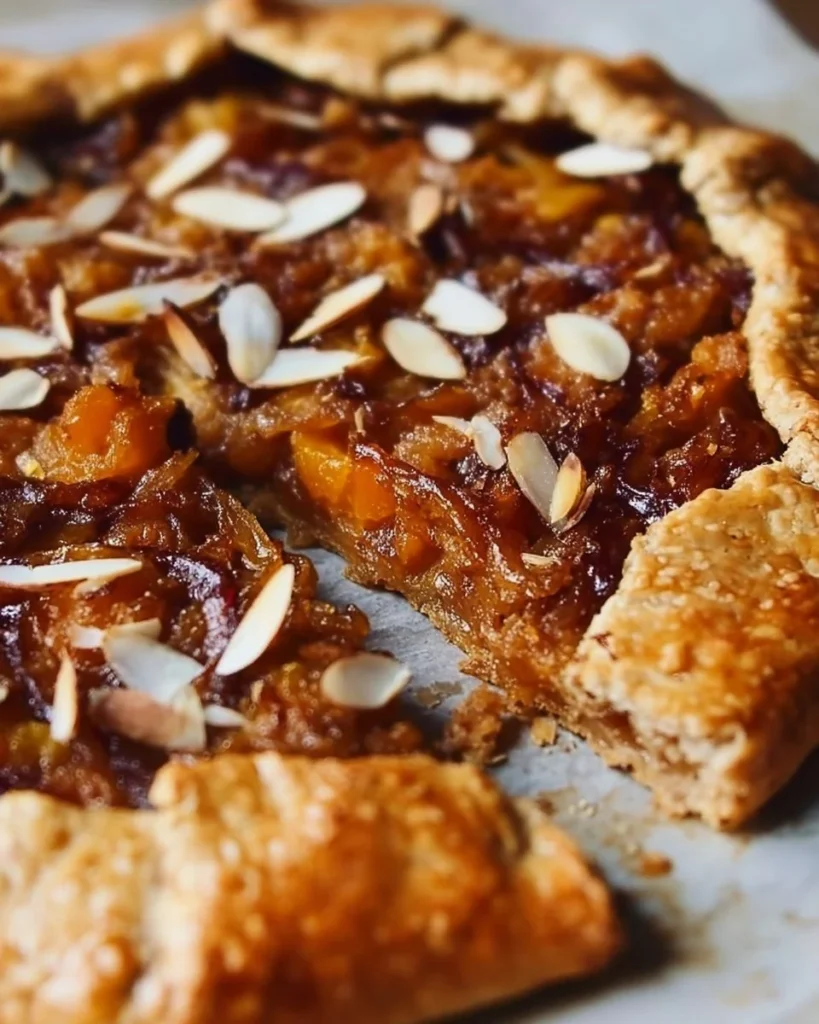 Savory pumpkin galette topped with caramelized onions on a rustic wooden table.