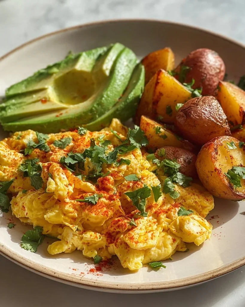 Delicious savory scramble with spicy breakfast potatoes served on a plate.