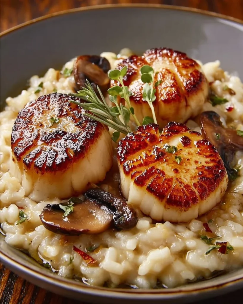 Delicious scallops served over creamy mushroom risotto in an elegant dish.