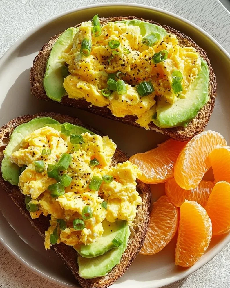Scrambled egg avocado toast garnished with mandarins on a plate