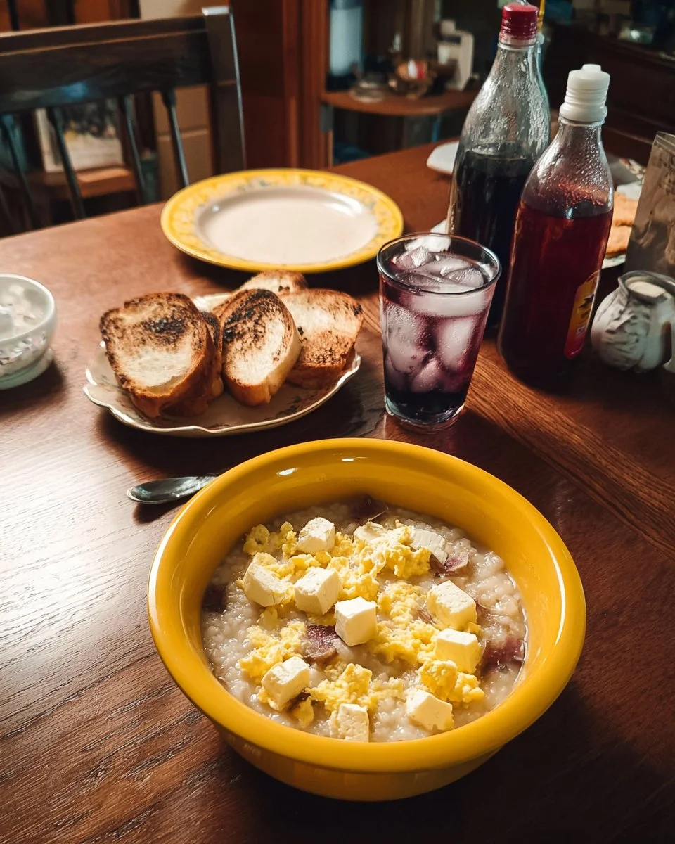 Scrambled eggs and cheese grits bowl served with toast on a breakfast table.