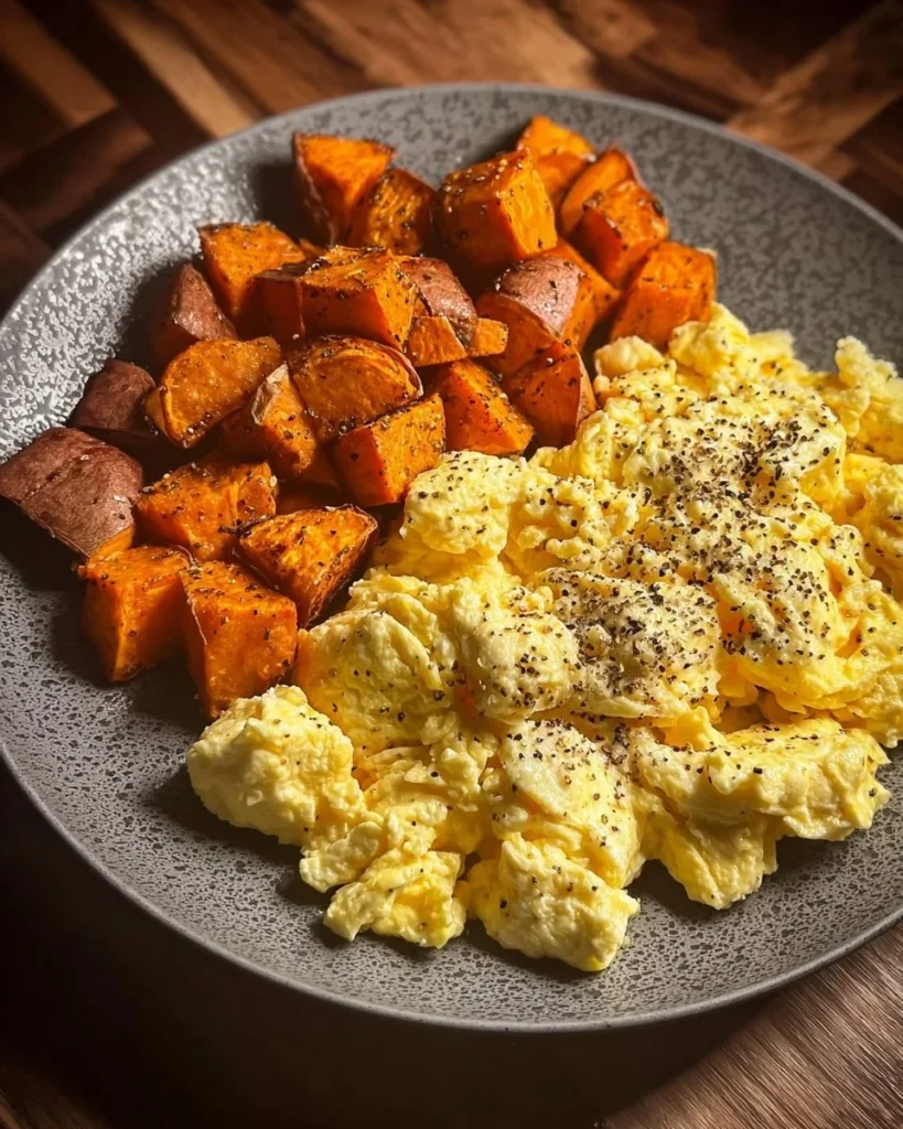 Plate of scrambled eggs with roasted sweet potatoes for a nutritious breakfast.