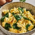 Plate of scrambled eggs with cheese and sautéed spinach