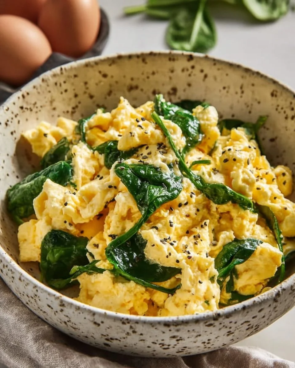 Plate of scrambled eggs with cheese and sautéed spinach