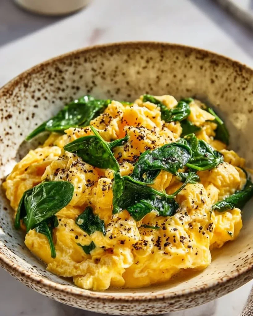 Scrambled eggs with cheese and sautéed spinach served on a plate
