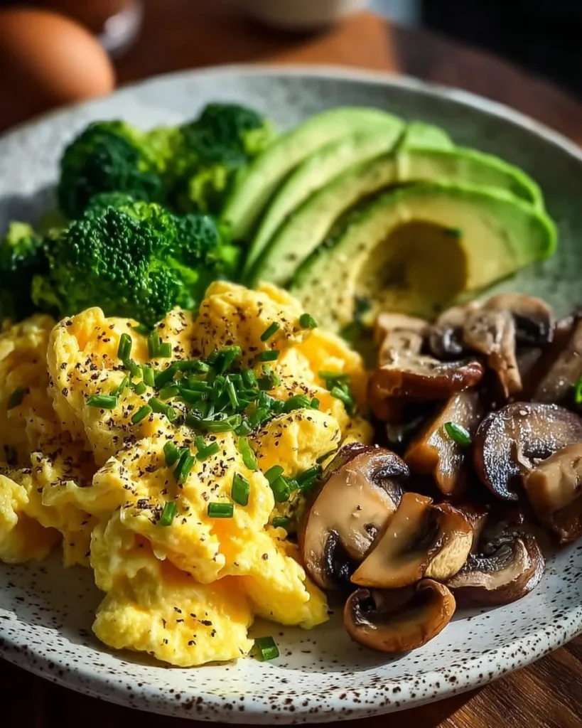 Plate of scrambled eggs topped with sautéed mushrooms, broccoli, and avocado.
