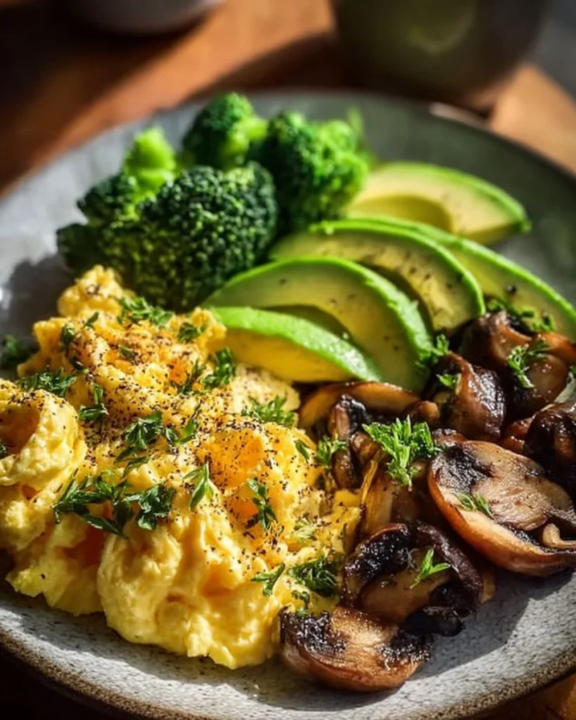 Delicious scrambled eggs topped with sautéed mushrooms, broccoli, and avocado.