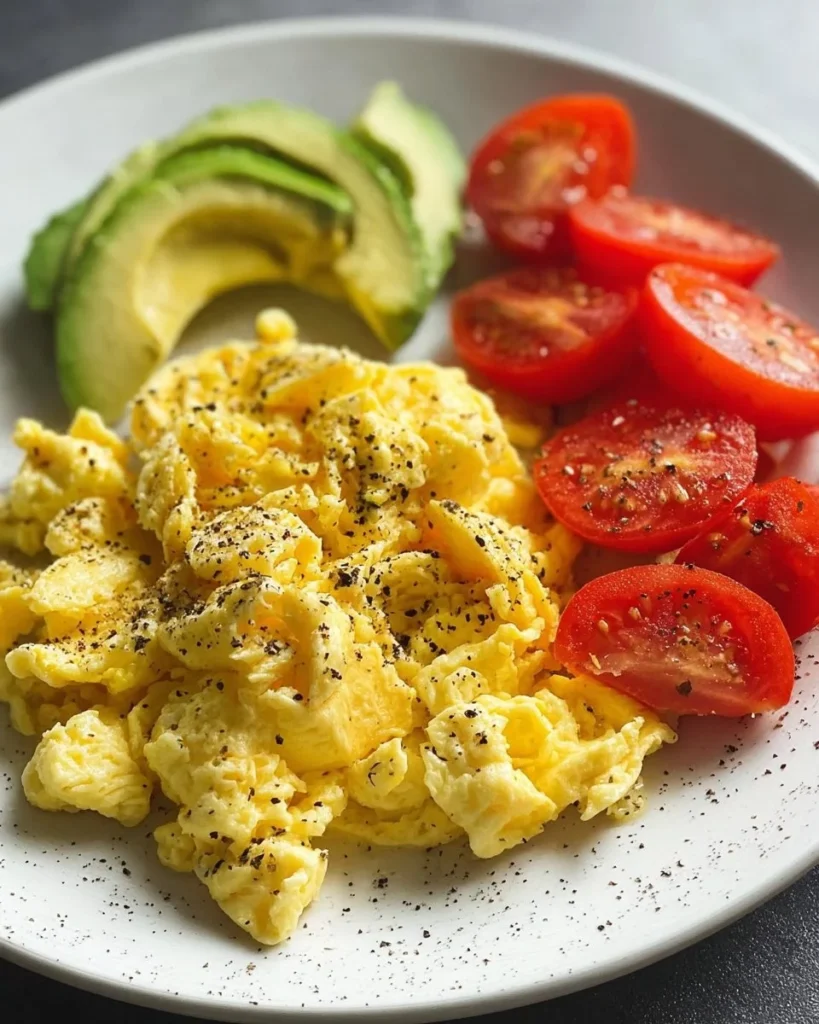 Scrambled eggs topped with sautéed tomatoes and avocado slices on a plate.