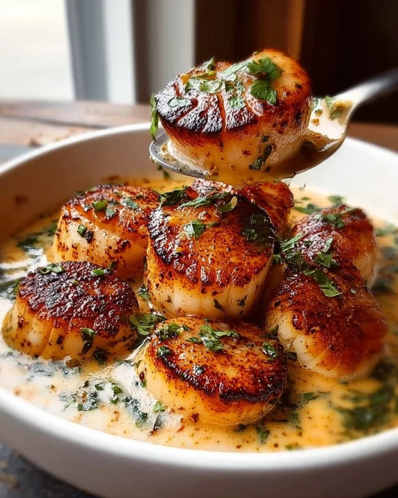Plate of seared scallops with spicy Cajun cream sauce garnished with herbs