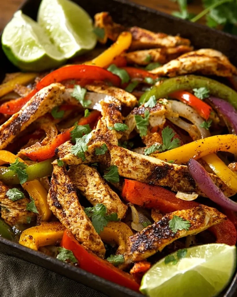 Delicious sheet pan chicken fajitas with colorful peppers and onions.