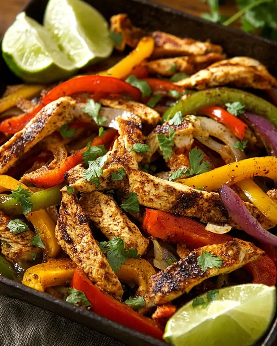 Delicious sheet pan chicken fajitas with colorful peppers and onions.
