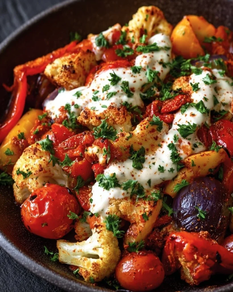 Sheet Pan Harissa Chicken with Roasted Vegetables and Hummus on a platter