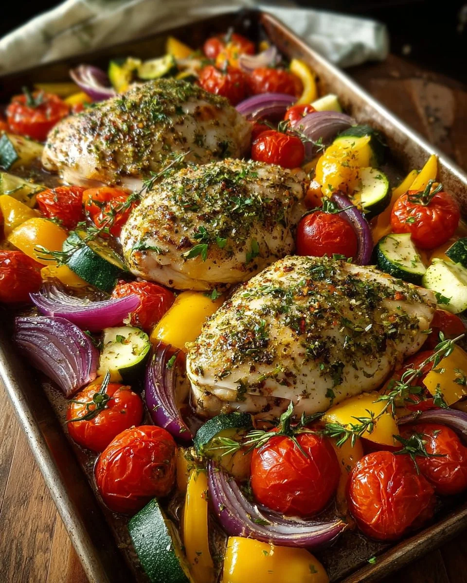 Sheet-Pan Lemon Chicken served with roasted vegetables and fresh herbs.