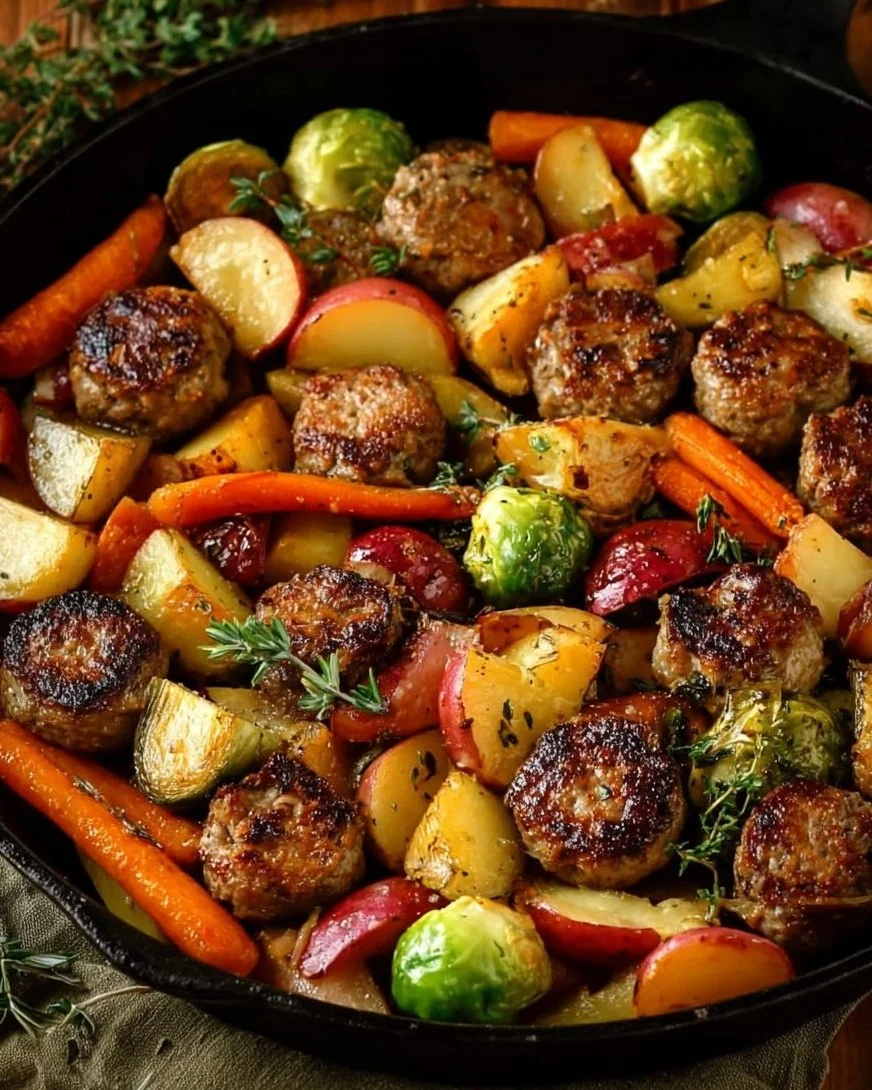 Sheet pan sausage with Brussels sprouts, apples, and carrots ready to serve