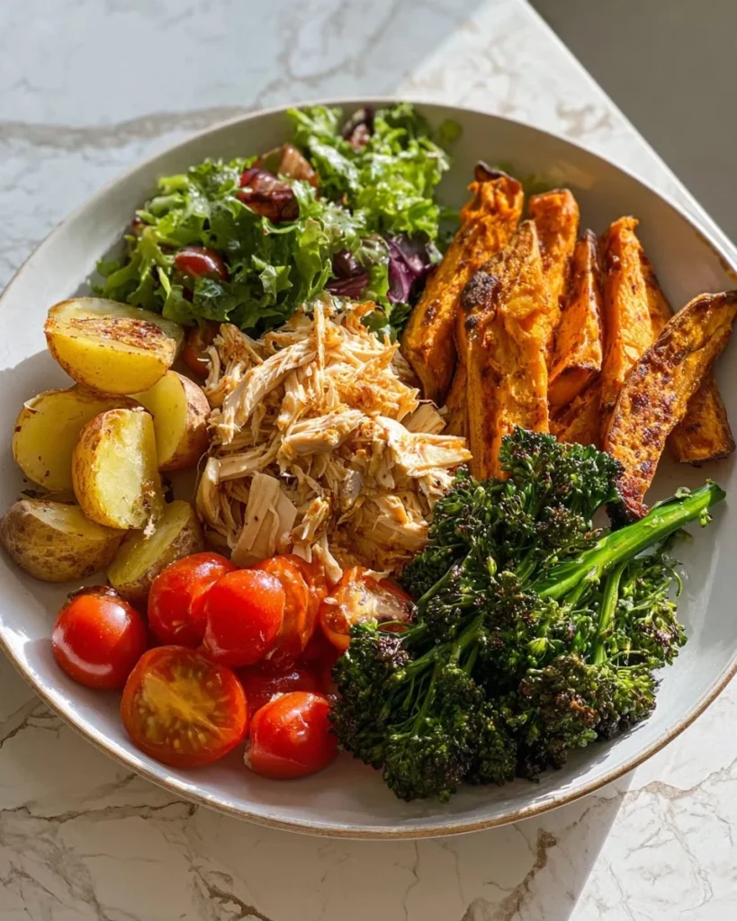 Delicious Shredded Chicken Power Plate with colorful vegetables and grain.