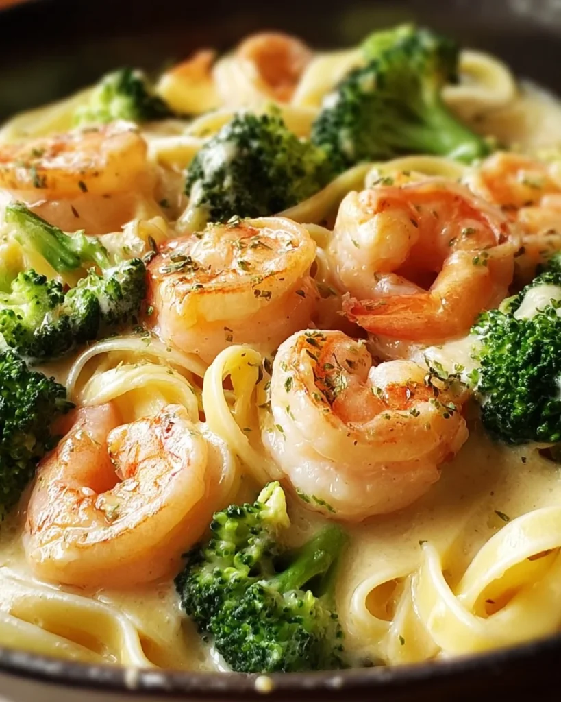 Plate of Shrimp Alfredo with broccoli, garlic, and creamy sauce