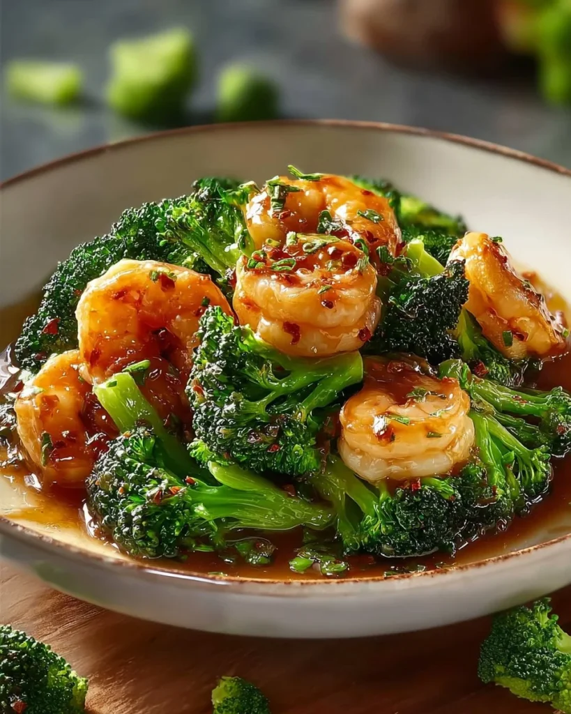 Shrimp and broccoli stir-fry dish served in a vibrant bowl