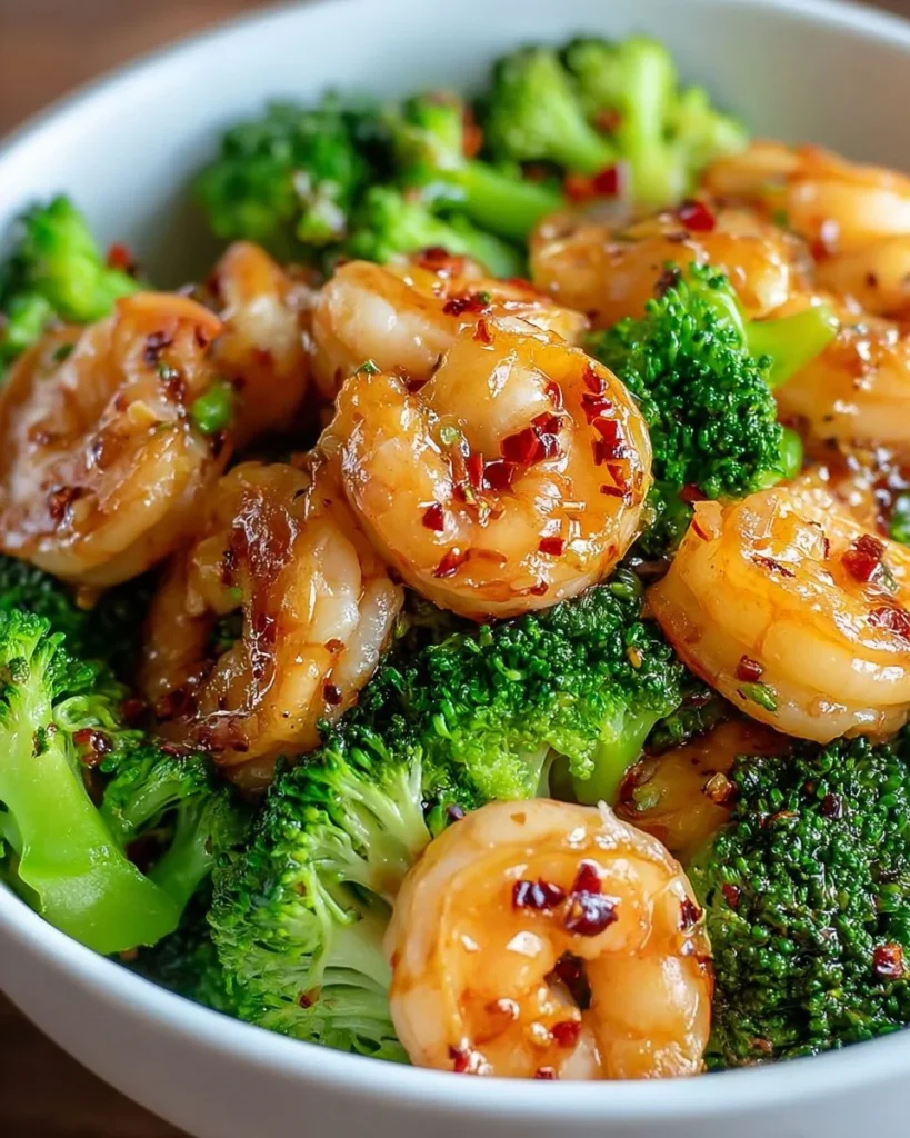 Shrimp and broccoli stir-fry dish served in a vibrant bowl