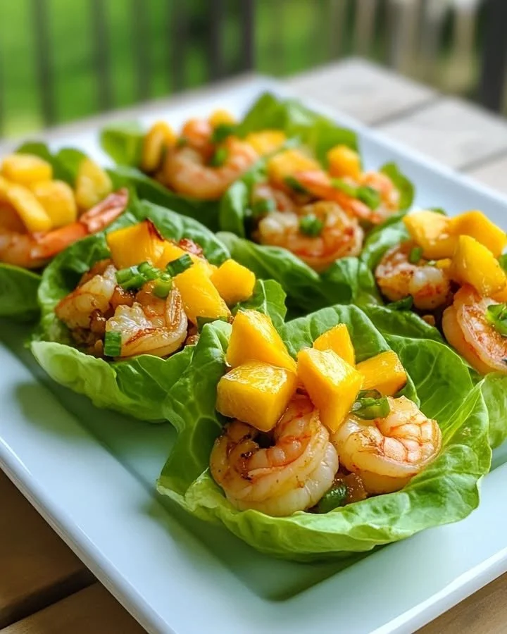 Shrimp and mango lettuce cups served on a plate with fresh herbs.
