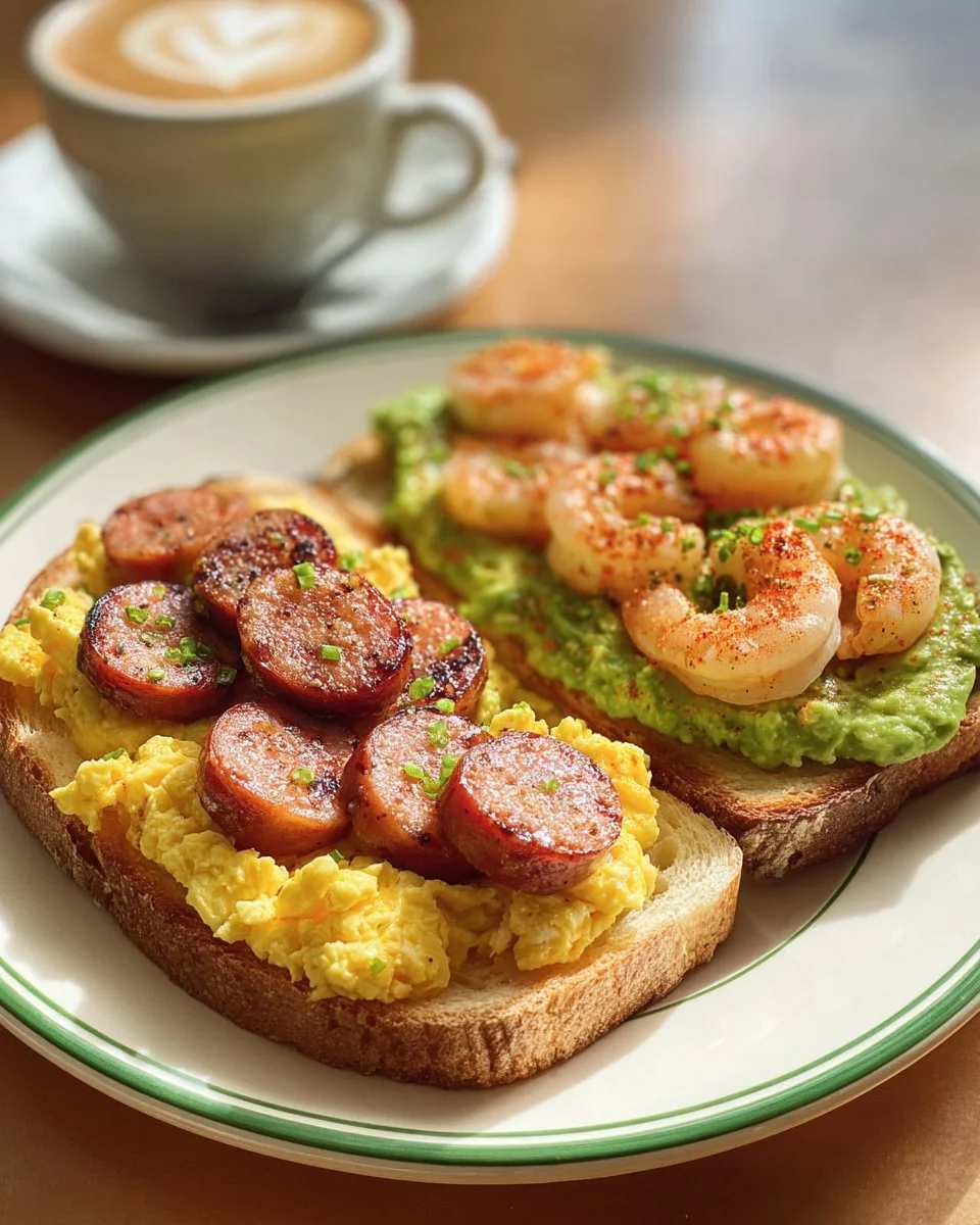 Delicious Shrimp Sausage Egg Toast served on a plate with garnishes.
