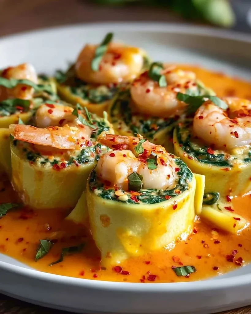 Shrimp and spinach stuffed pasta rolls with roasted red pepper cream sauce