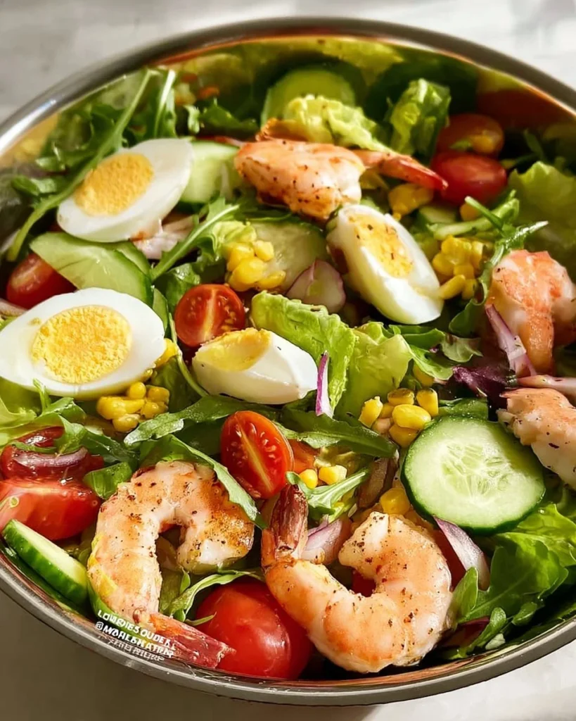 Delicious Shrimp & Egg Salad Bowl topped with fresh ingredients