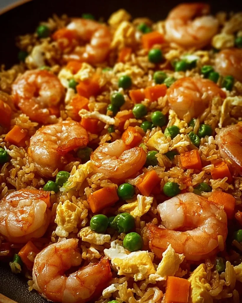Plate of shrimp fried rice garnished with vegetables and sesame seeds.