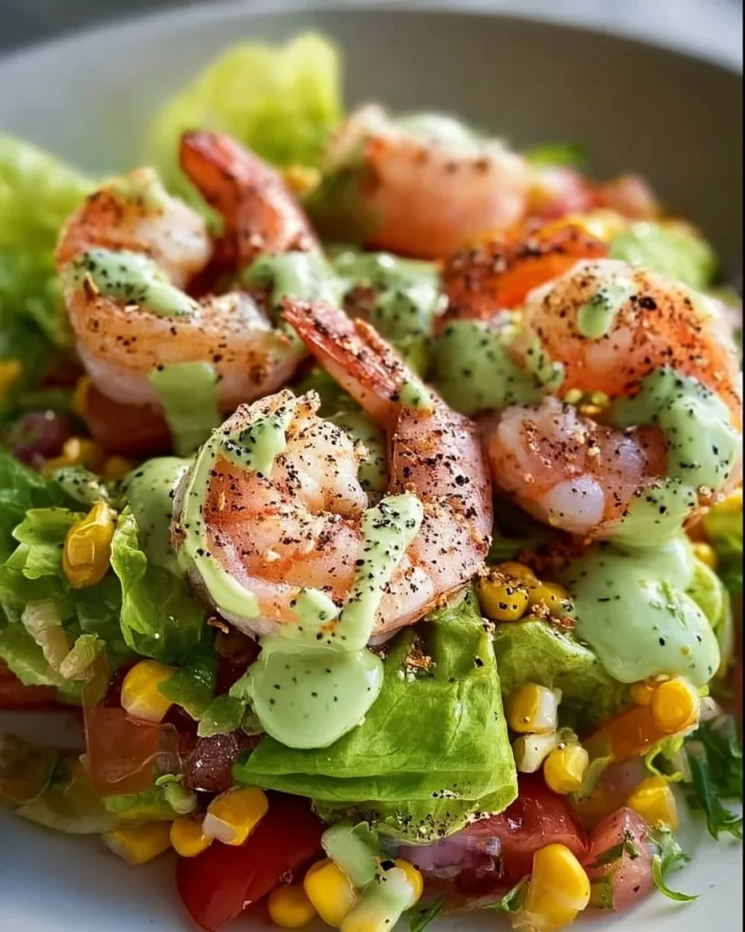 Shrimp salad with creamy avocado dressing served in a fresh bowl
