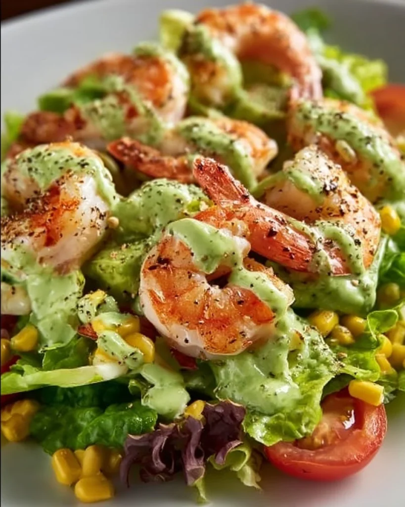 A vibrant shrimp salad with creamy avocado dressing, garnished with fresh vegetables.