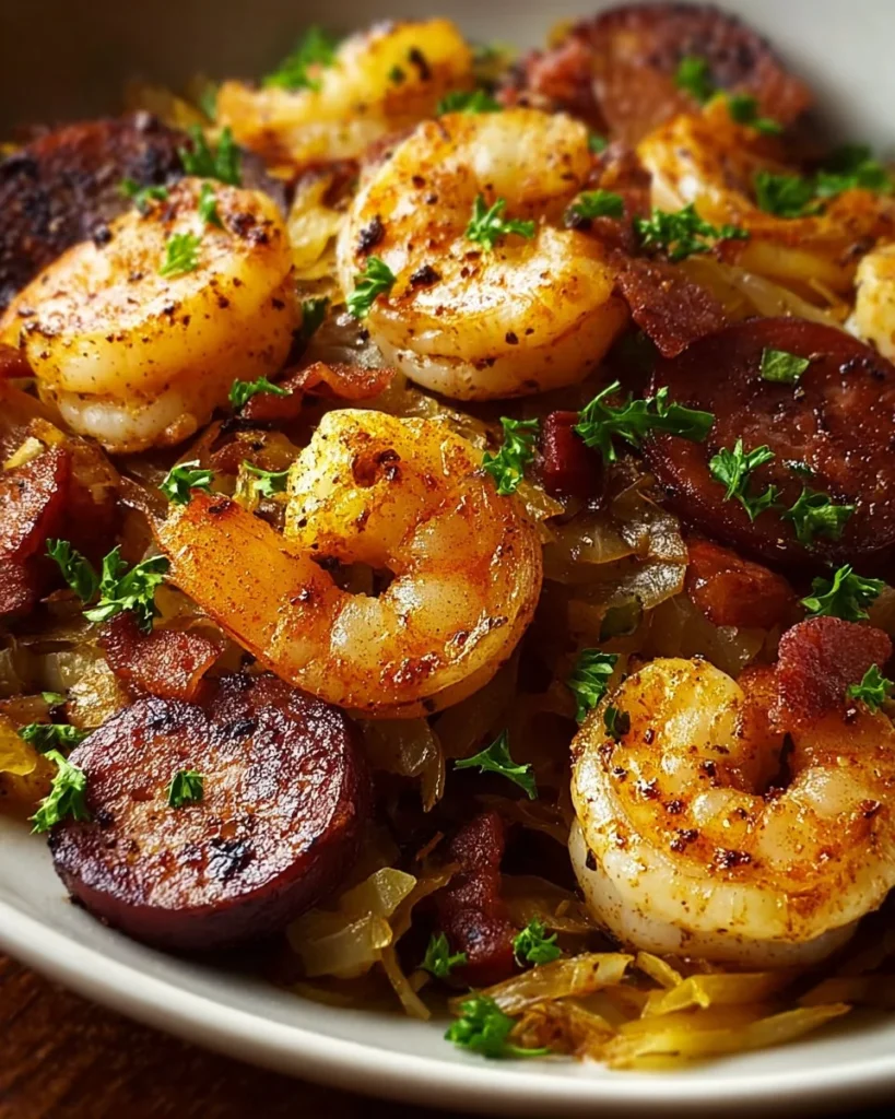 Shrimp Skillet with sausage and cabbage, a colorful and healthy dish
