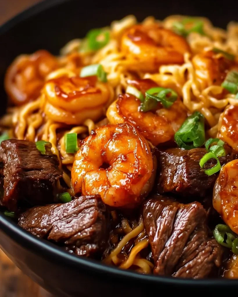 Shrimp and steak teriyaki noodles served in a bowl with vegetables and sauce