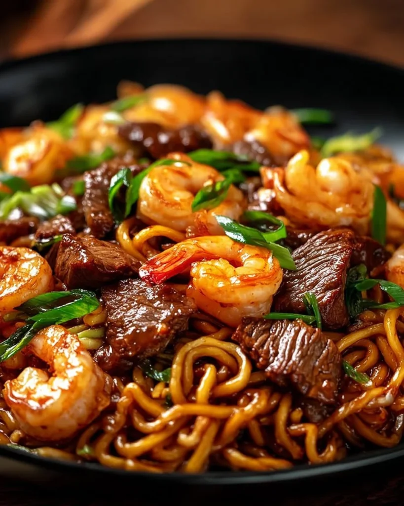 Shrimp and steak teriyaki noodles served in a bowl with vibrant vegetables