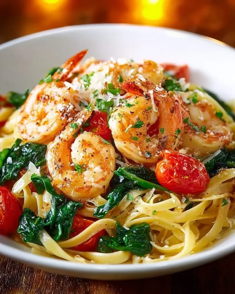 Shrimp pasta with tomatoes and spinach served in a bowl