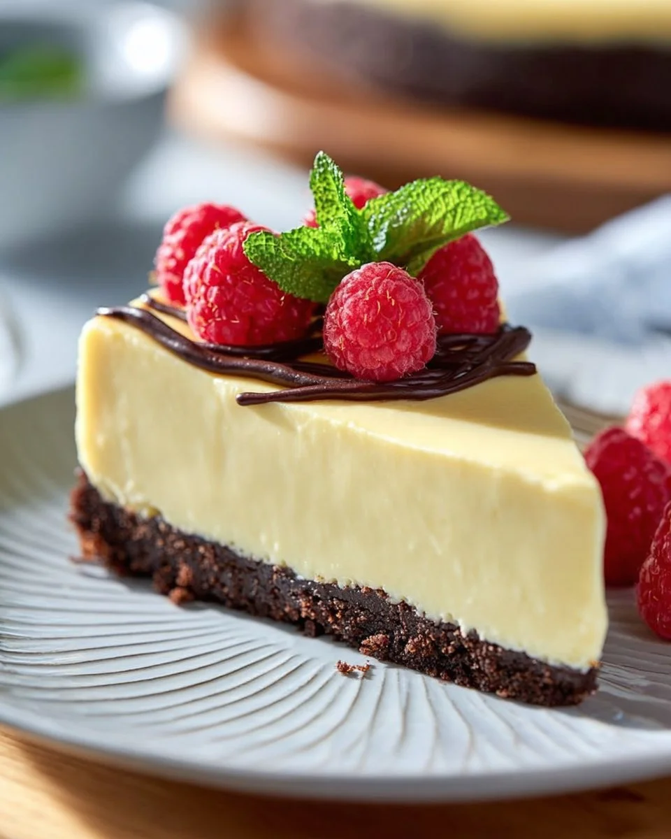 Silky chocolate cheesecake topped with chocolate shavings on a white plate.