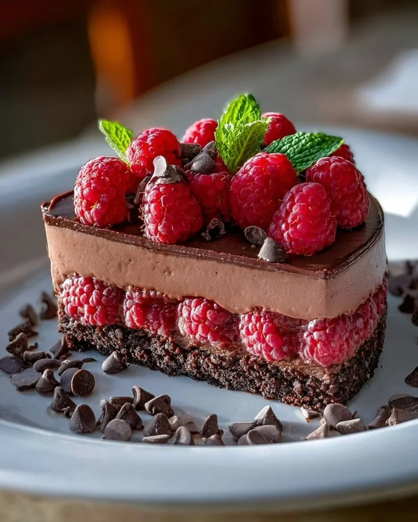 Silky Chocolate Raspberry Mousse Cake topped with fresh raspberries and chocolate shavings