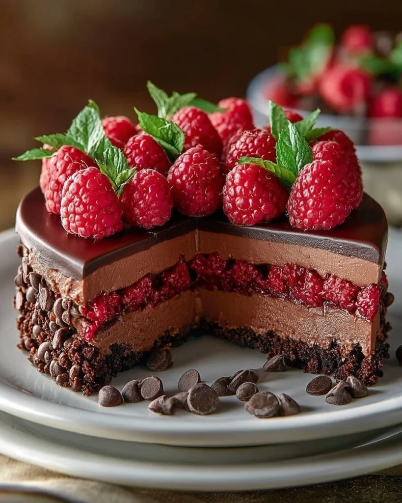 Silky chocolate raspberry mousse cake garnished with fresh raspberries and chocolate shavings.