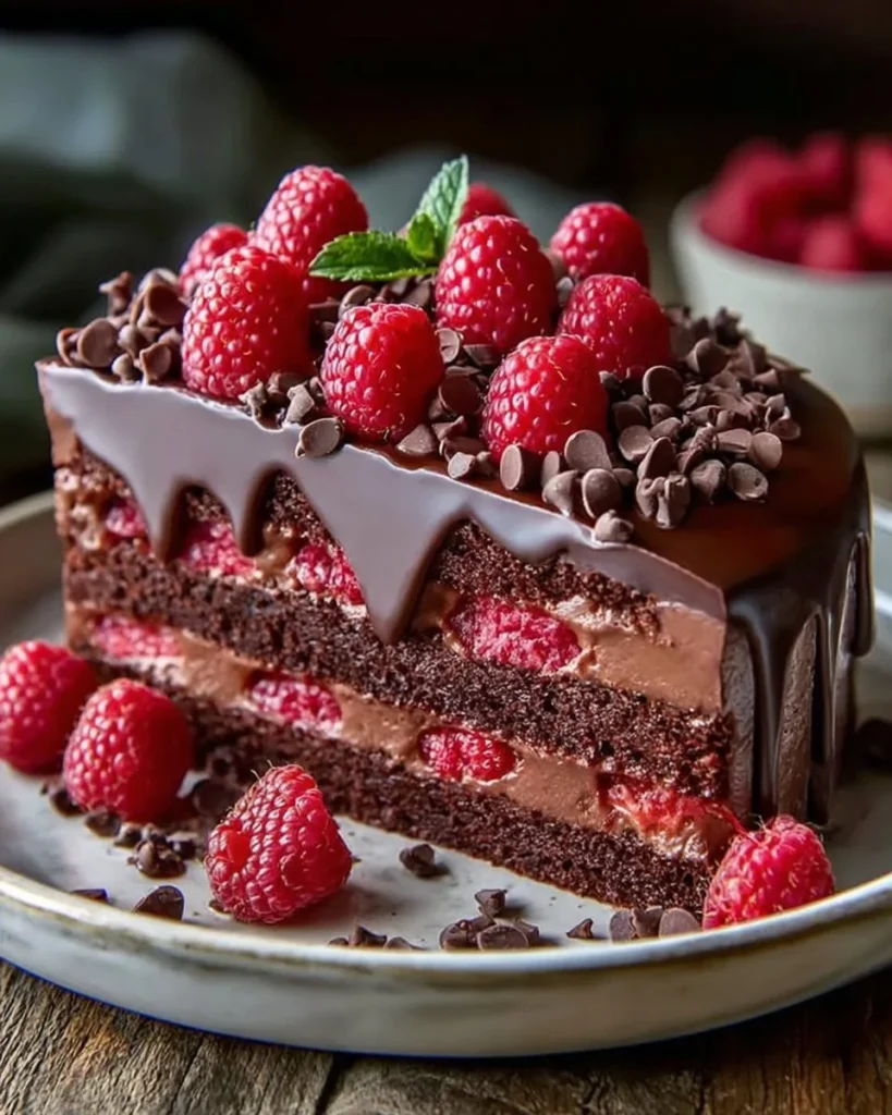 Silky Chocolate Raspberry Mousse Cake drizzled with raspberry sauce