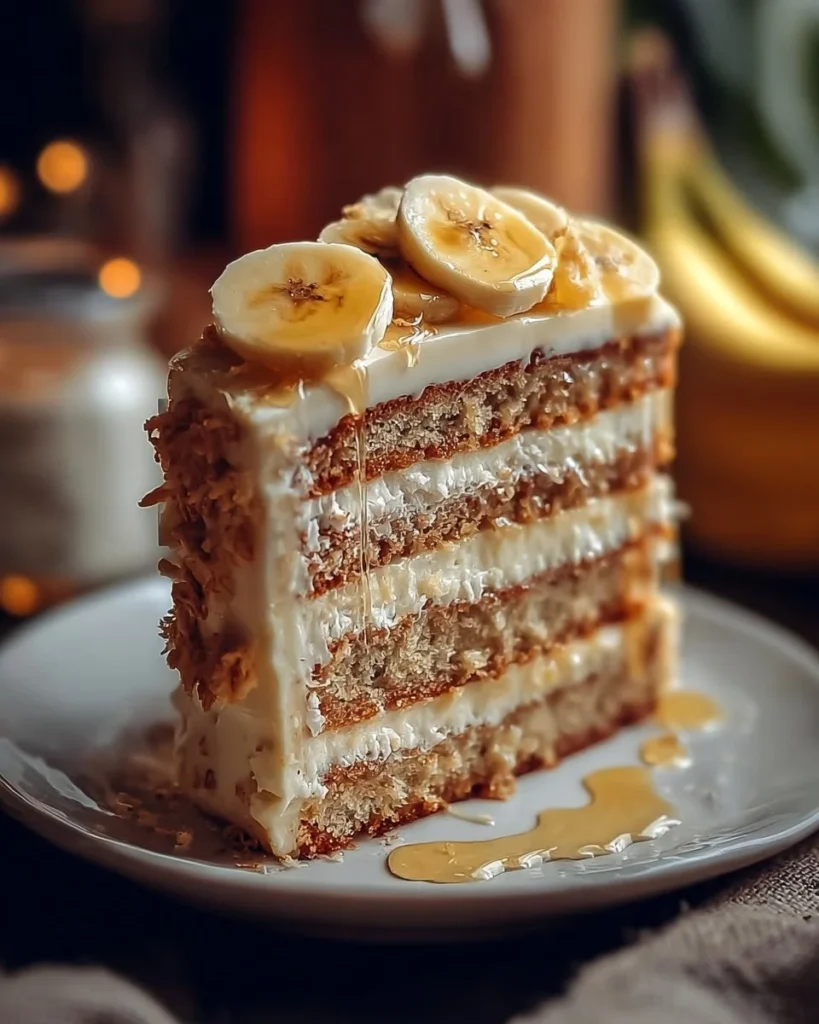 Simple banana pudding layer cake topped with whipped cream and banana slices