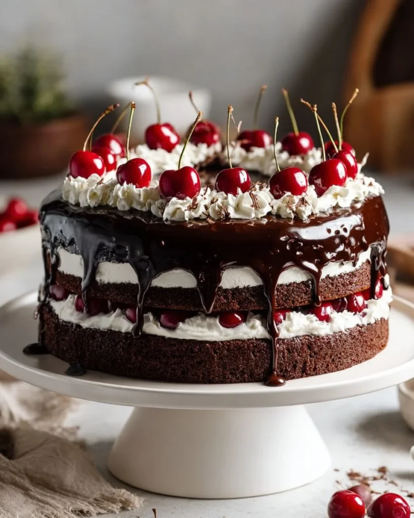 Delicious Simple Black Forest Cake topped with cherries and whipped cream.