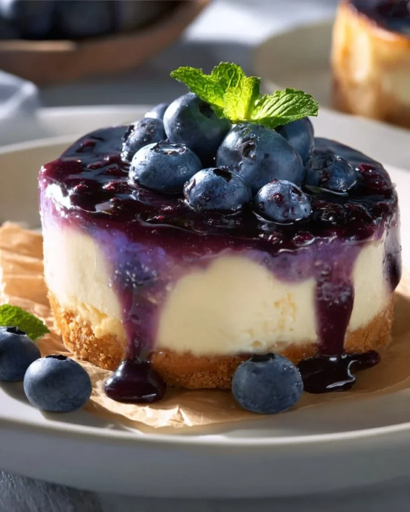 Slice of Simple Blueberry Basque Cheesecake with fresh blueberries on top