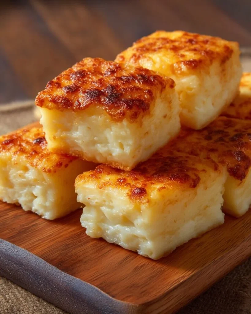 Plate of homemade simple cheesy potato puffs, golden and crispy.