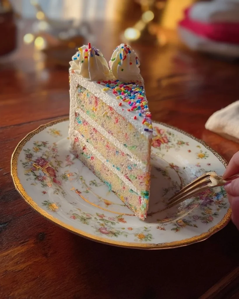 Simple and colorful Funfetti Cake topped with frosting and sprinkles