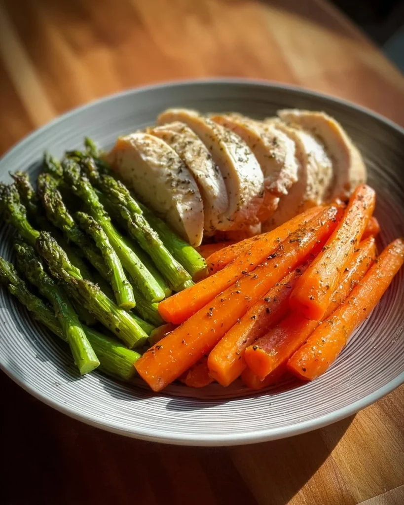 Plate of simple steamed chicken with assorted vegetables for a healthy meal