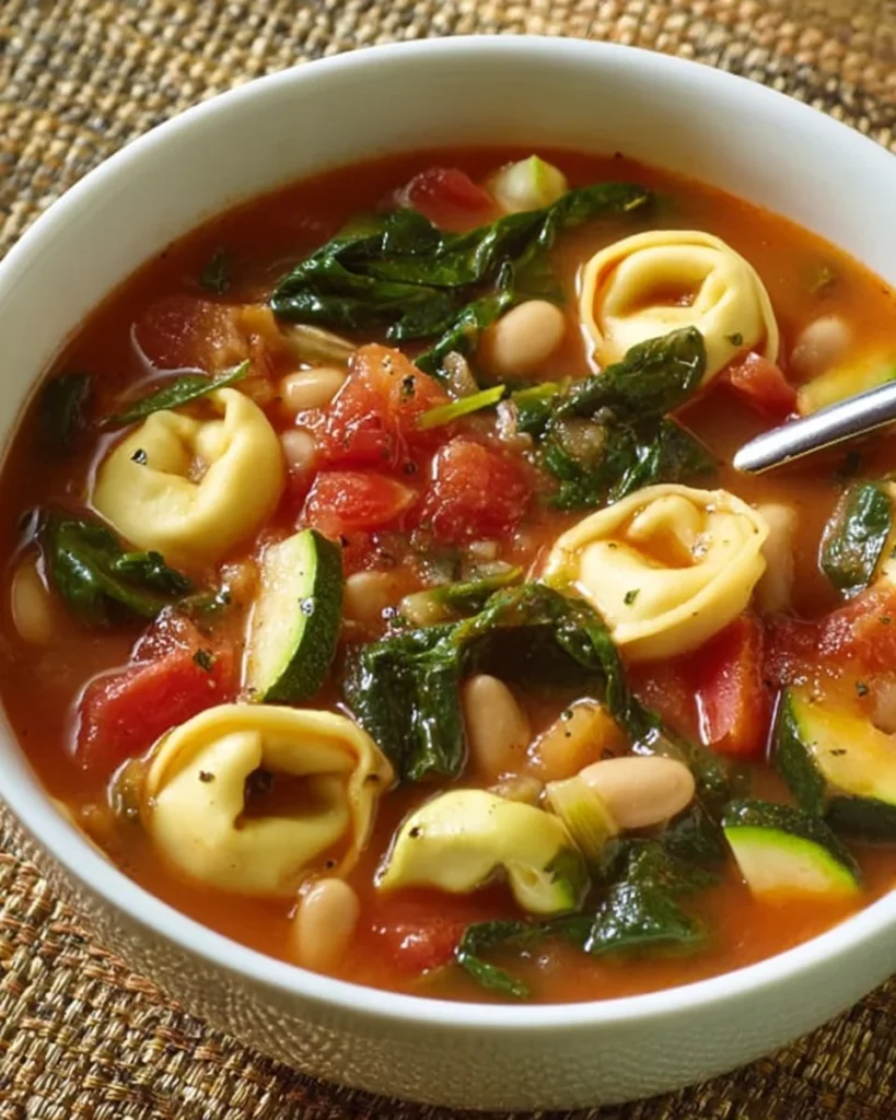 Bowl of simple tortellini soup garnished with herbs