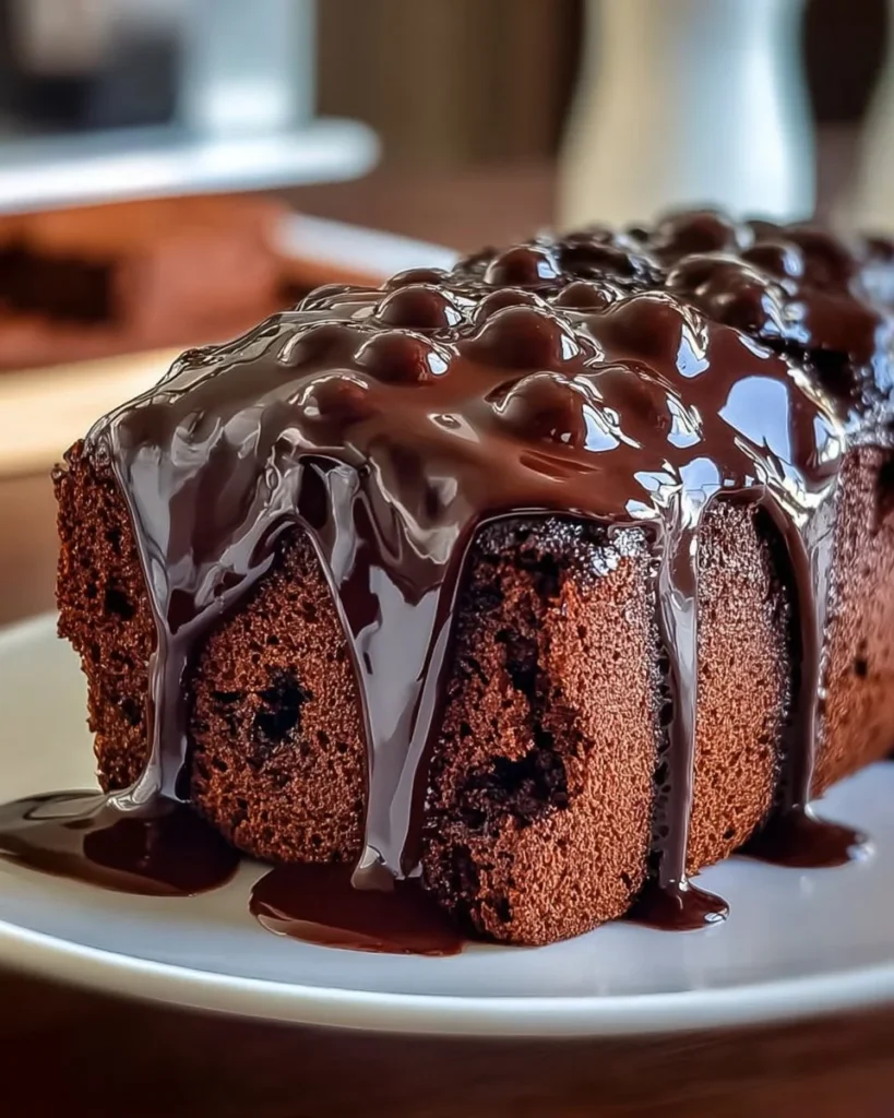 Decadent hot fudge brownie bread topped with rich chocolate sauce