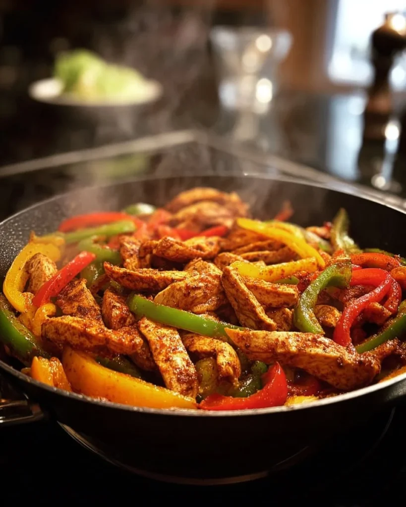 Sizzling Chicken Fajita Skillet with peppers and onions served in a cast iron pan