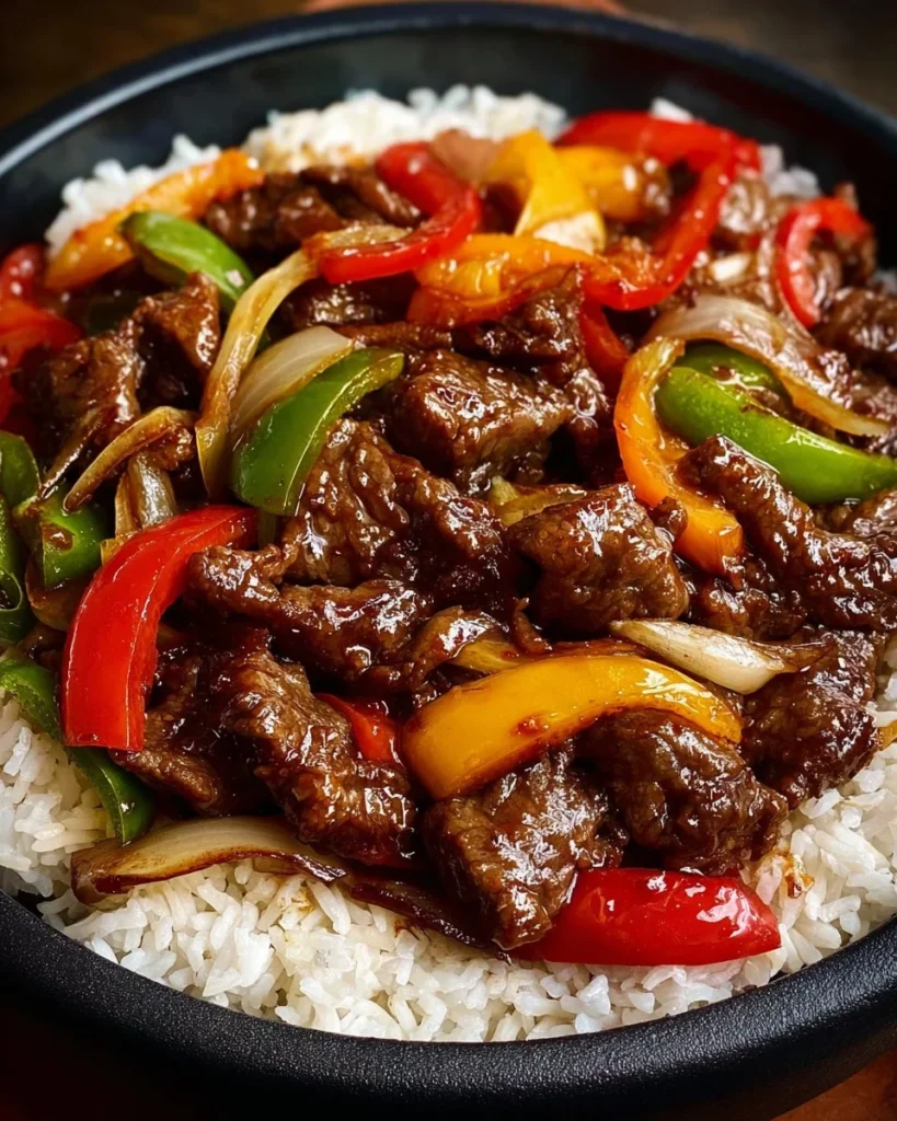 Sizzling Chinese Pepper Steak with Onions served on a plate