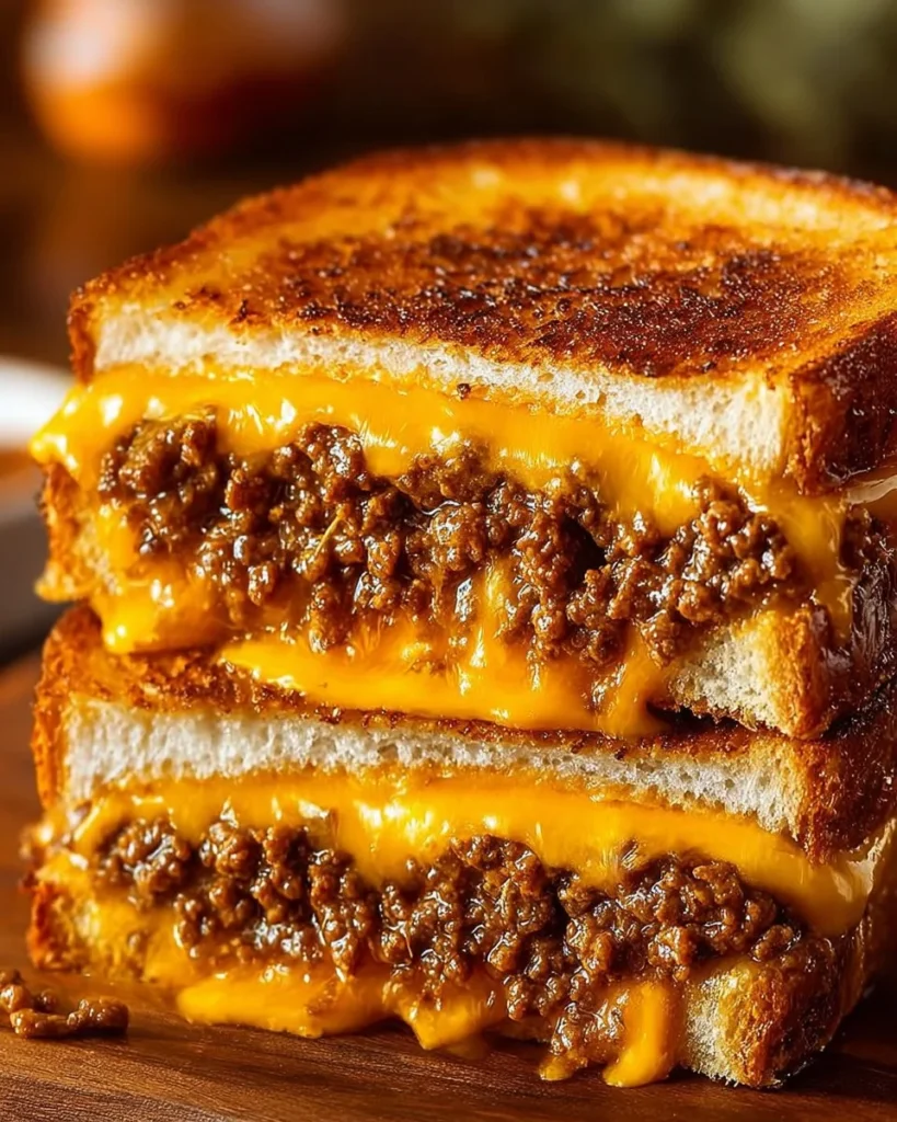 Delicious Sloppy Joe Grilled Cheese sandwich with melted cheese and flavorful beef mix