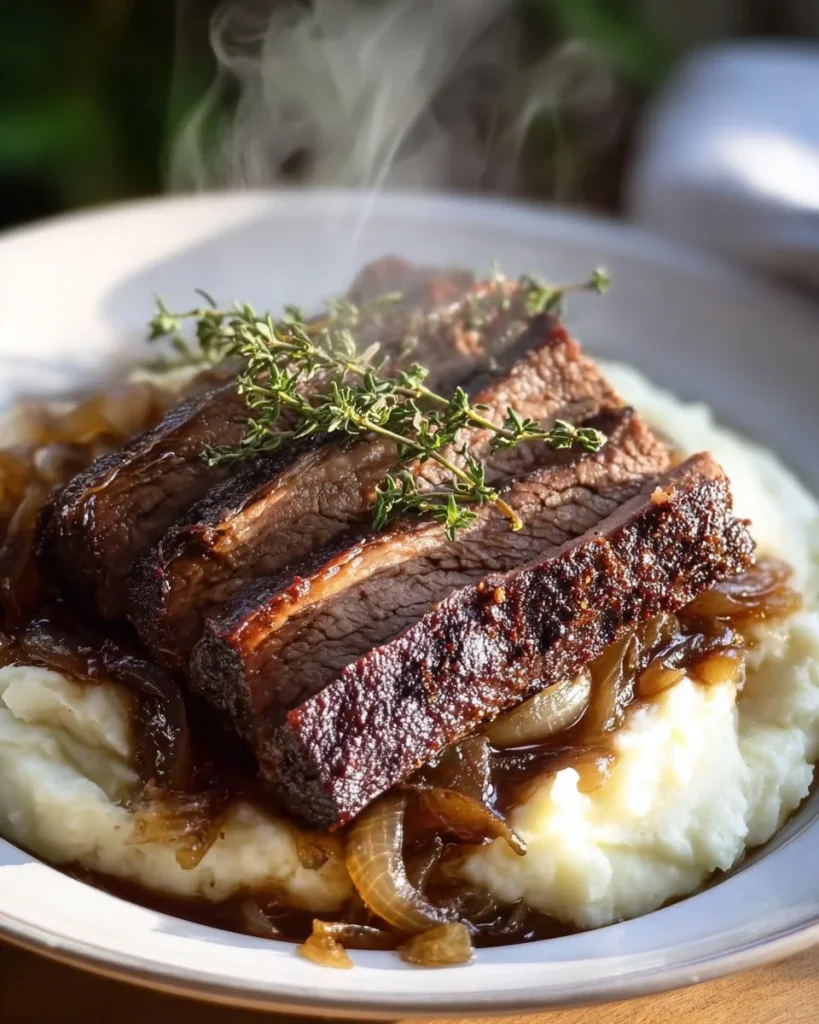 Slow cooker beef brisket simmering with caramelized onions