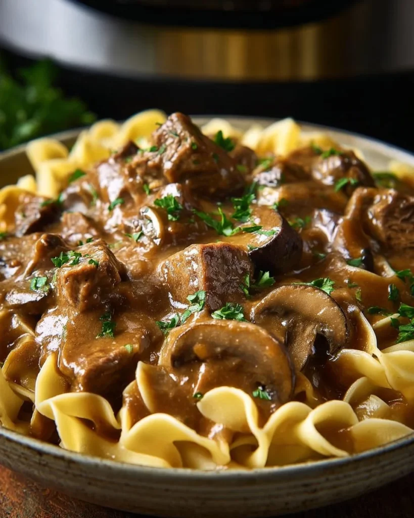 Delicious bowl of slow cooker beef stroganoff with creamy sauce